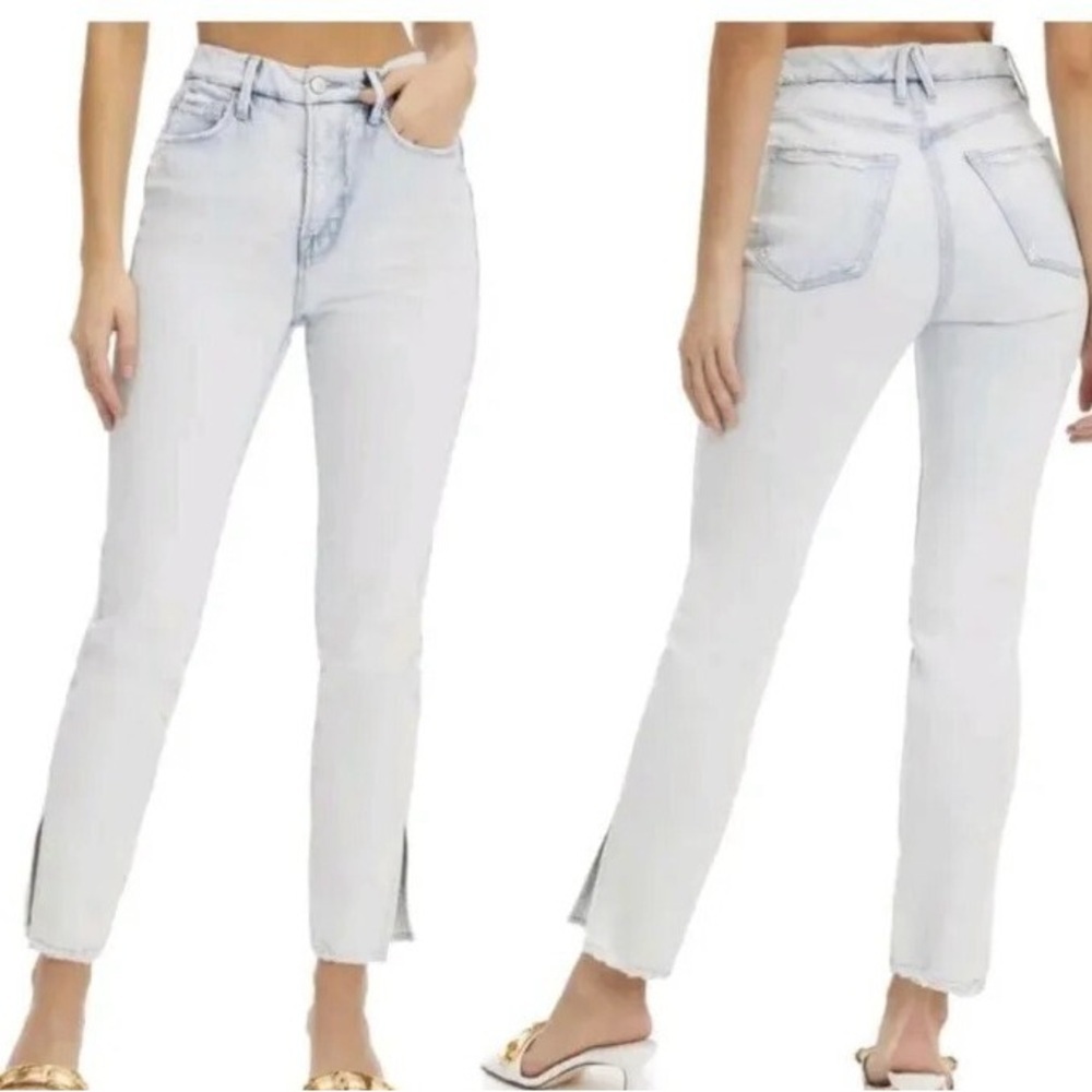 Good American women’s classic high rise light blue wash side slit jeans size 26